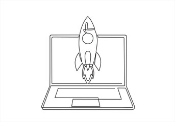 Poster - Continuous one line drawing of Rocket launch, ship on screen laptop. Continuous line drawing. Startup business. Vector illustration. Isolated on white background.