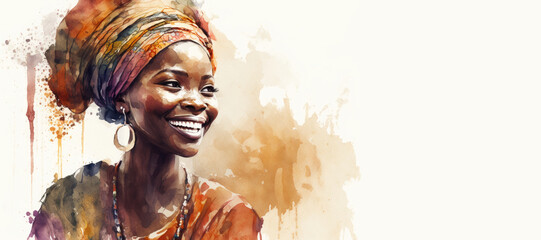 black woman watercolor painting style banner for africa day created using generative ai.