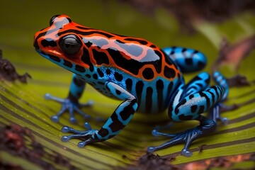 illustration, red striped poison dart frog blue legs, ai generative