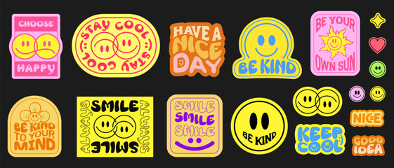 Wall Mural - Cool Trendy Smile Stickers Pack. Set Of Groovy Patches Vector Design.. Pop Art Badges.