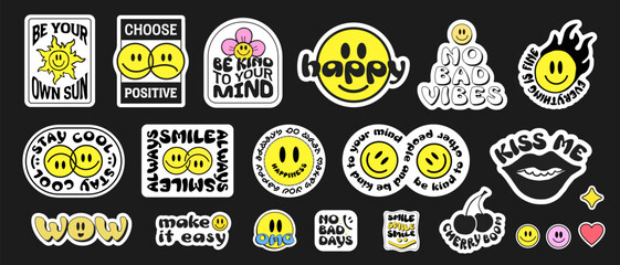 Aufkleber - Cool Trendy Smile Stickers Pack. Set Of Groovy Patches Vector Design.. Pop Art Badges.