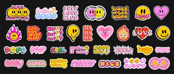 Poster - Cool Trendy Smile Stickers Pack. Set Of Groovy Patches Vector Design.. Pop Art Badges.