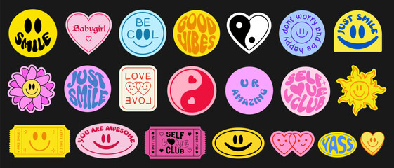 Poster - Set Of Cool Smile Pop Art Stickers. Y2K Trendy Patches Vector Design. Groovy Badges.
