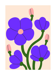 Aufkleber - Flowers card, poster. Floral placard, interior wall art, postcard with blooming blossomed plants, leaf, spring petals, unblown buds. Trendy modern botanical colored flat vector illustration