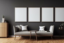 Poster Frame Mock Up In Neutral Colors Interior, Three Wooden Frames In A Beige Background, Minimal Design, 3d Render. Generative AI