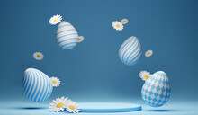3d Happy Easter Banner With Little Kawaii White Rabbit With Podium