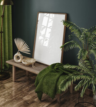 Frame Mockup In Dark Green Home Interior, 3d Render	