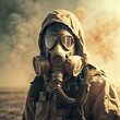 ガスマスクをつけた男、核戦争と環境災害、放射能の大惨事、軍用機器GeneretiveAI