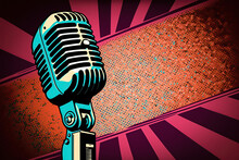 Retro Style Microphone On A Stage With Comic Background. Generative Ai. Microphone