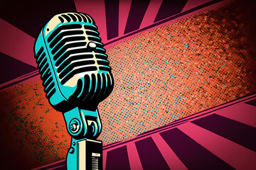 Retro style microphone on a stage with comic background. generative ai. Microphone