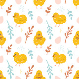 Fototapeta Pokój dzieciecy - Cute yellow chickens with Easter eggs, twigs, vector seamless pattern
