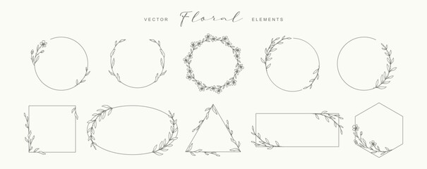 Hand drawn floral frame in line style. Set simple minimal wreath with flower and leaf branch. Vector logo template for label, corporate identity, wedding invitation, greeting card