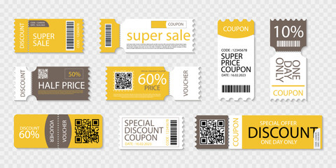 Sticker - Coupon template collection. Set of sale voucher with shadow