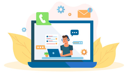 Aufkleber - Concept with man support in a flat design. Laptop with support concept
