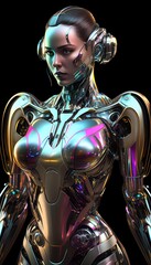 Humanoid female robot design rendered with colorful 3d holographic gradient. Generative Ai