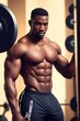 A dark-skinned man with a muscular body, shirtless poses for a photo in the gym. Generative AI
