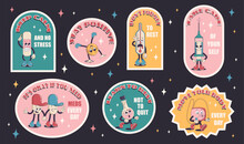 Collection Set Of Stickers About Self Care, Set Of Funny Vintage Characters. Happy And Cheerful Emotions. Old Animation 60s 70s, Funny Cartoon Characters. Trendy Illustration In Retro S
