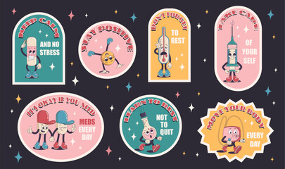 Wall Mural - Collection set of stickers about self care, set of funny vintage characters. Happy and cheerful emotions. Old animation 60s 70s, funny cartoon characters. Trendy illustration in retro s