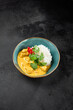 Traditional indian food. Chicken curry with boiled rice in ceramic bowl on black concrete background. Asian curry with chicken and basmati rice on dark stone table. Hot dish - spicy curry.