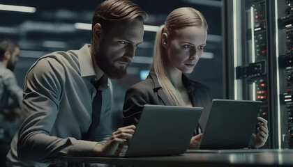 Poster - Serious young businesspeople working on laptop at night in server room. Generative AI