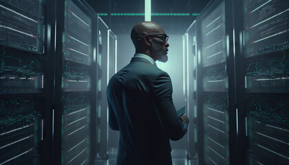 Poster - Businessman in a server room with data storage and cloud computing concept. Generative AI