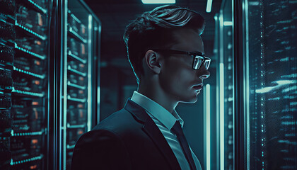 Poster - Serious young man in glasses standing in server room and looking at camera. Generative AI