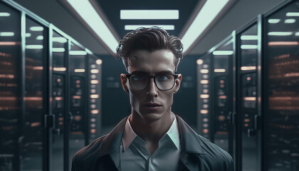 Poster - Portrait of a handsome young man with glasses in the server room. Generative AI