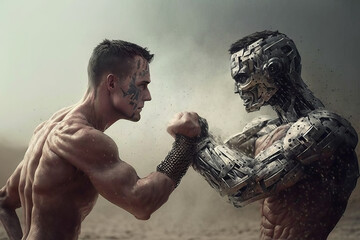 Poster - Man and cyborg fighting with each other in the sand on the stormy day. Generative AI
