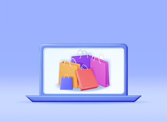 Poster - 3D Laptop with Shopping Bag Isolated. Render Realistic Gift Bag and Computer. Sale, Discount or Clearance Concept. Online or Retail Shopping Symbol. Fashion Handbag. Vector Illustration