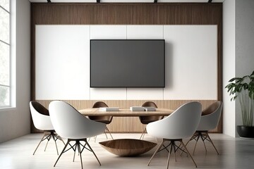 interior of modern office meeting room black and white with wooden furniture conference table with b