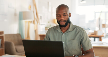 Poster - Email, phone and businessman working, planning and in communication with people on the internet at work. African manager, worker or employee typing on a laptop and reading on a mobile in an office