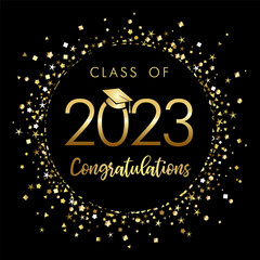 Class of 2023 graduation poster with gold glitter confetti and academic hat. Template for design party high school or college, graduate invitations or banner. Vector illustration