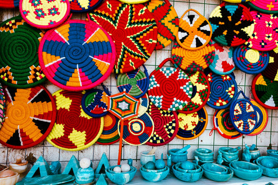 colorful handmade fabrics. variety of traditional egyptian souvenir. oriental bazaar at nubian villa