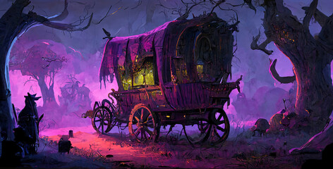 Wooden, tiny home on wheels. Fantasy AI Generative illustration