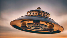 Illustration Of A Golden Spaceship Based On Story From George Adamski Ufo With Three White Spheres At Bottom From Pleiadian In 1952, Generative AI