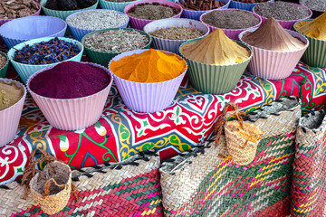 Poster - Egiptian Spices and Herbs at Traditional Arab Oriental Bazaar at Nubian Village. Aswan. Egypt. Africa.