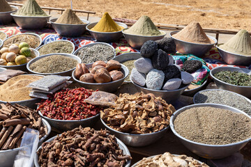 Poster - Egiptian Spices and Herbs at Traditional Arab Oriental Bazaar at Nubian Village. Aswan. Egypt. Africa.