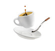Cup of coffee with a splash drop fly with saucer and spoon on transparent background