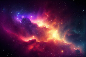 Purple, red and blue space with stars. Fantasy galaxy generative AI background