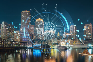 Wall Mural - City view panorama of Boston downtown Harbor and Seaport Blvd at night time, Massachusetts. Hologram of Artificial Intelligence concept. AI and business, machine learning, neural network, robotics