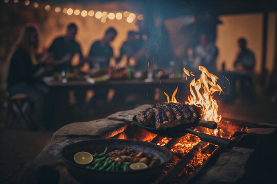 a traditional south african braai (barbecue), with meat sizzling over hot coals and friends and fami
