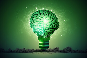 Wall Mural - Human brain glowing inside of light bulb green. Generative AI.