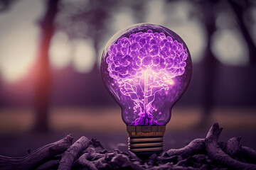 Wall Mural - Human brain glowing inside of light bulb purple. Generative AI.