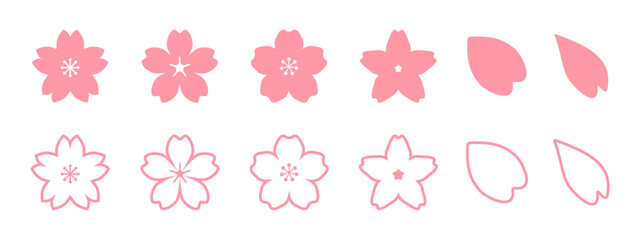 ピンク色の日本の桜、春のサクラの花びら、ベクターアイコンイラスト素材セット