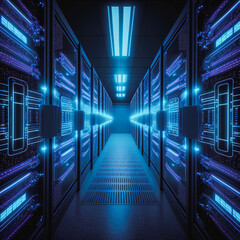 Generative AI illustration of futuristic neon data center