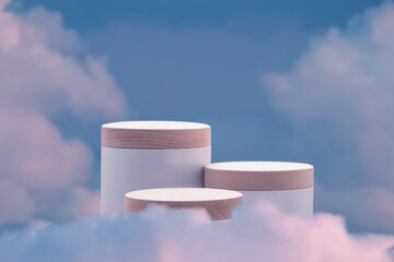 Surreal podium outdoor on beautiful blue sky pink pastel cloud with empty space background.Beauty cosmetic product placement pedestal present promotion minimal display,summer paradise dreamy concept.