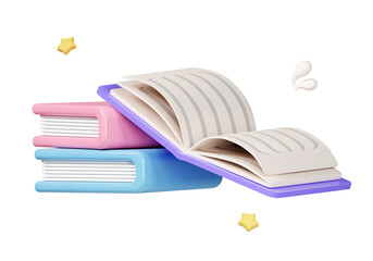 Open book on books stack isolated on pastel background. icon symbol clipping path. education. PNG 3d render illustration