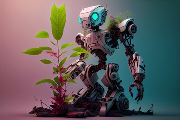 Wall Mural - Nature And Technology Concept. Robot And Plants. Generative AI