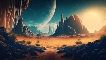 Wall Mural - Majestic landscape of an alien planet. Use as a Game background. Generative Ai.