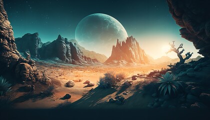 Wall Mural - Majestic landscape of an alien planet. Use as a Game background. Generative Ai.